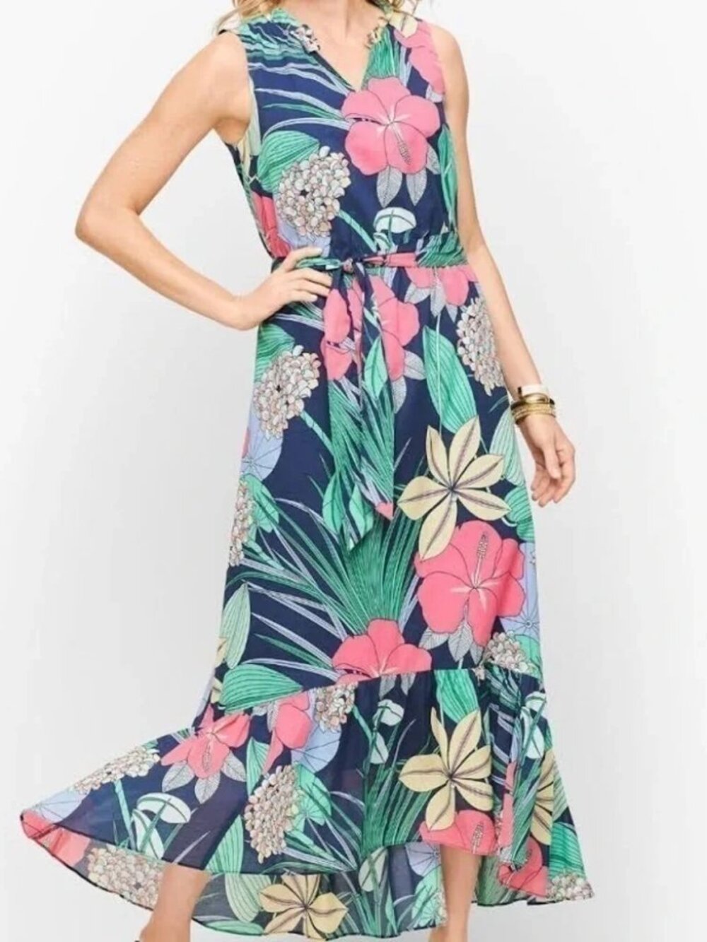 Talbots Voile Hibiscus Tropical Floral Maxi Dress 14 Dark Navy Cotton Hi-Lo